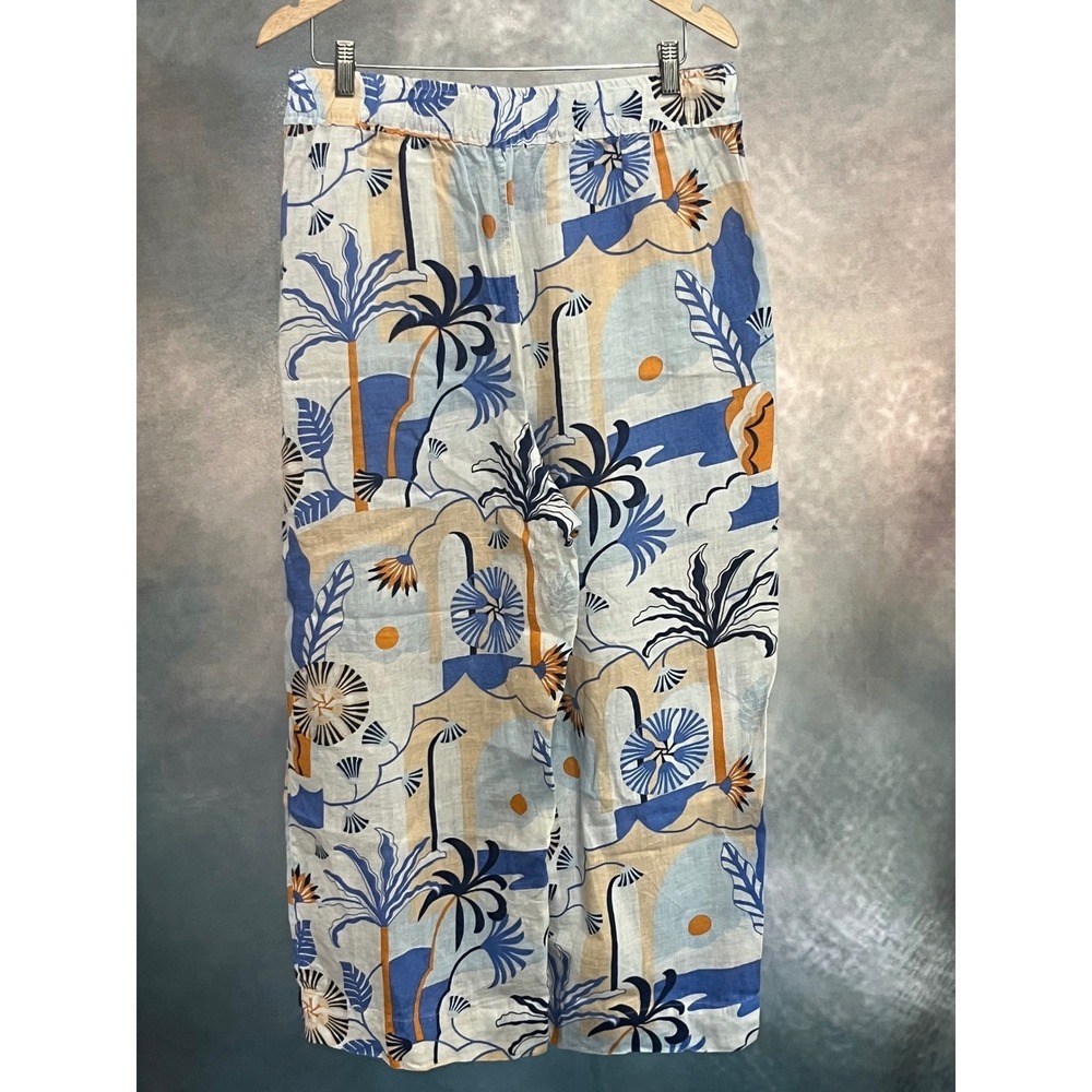 Nicole Miller New York Womens XL Linen Tropical Palm Print Wide Leg Pants Blue - Picture 2 of 7